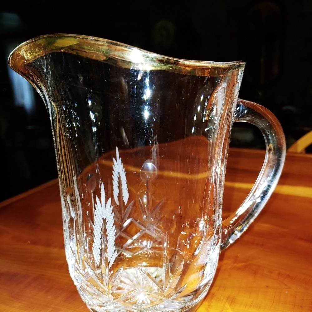 Pretty Etched Crystal Glass Pitcher